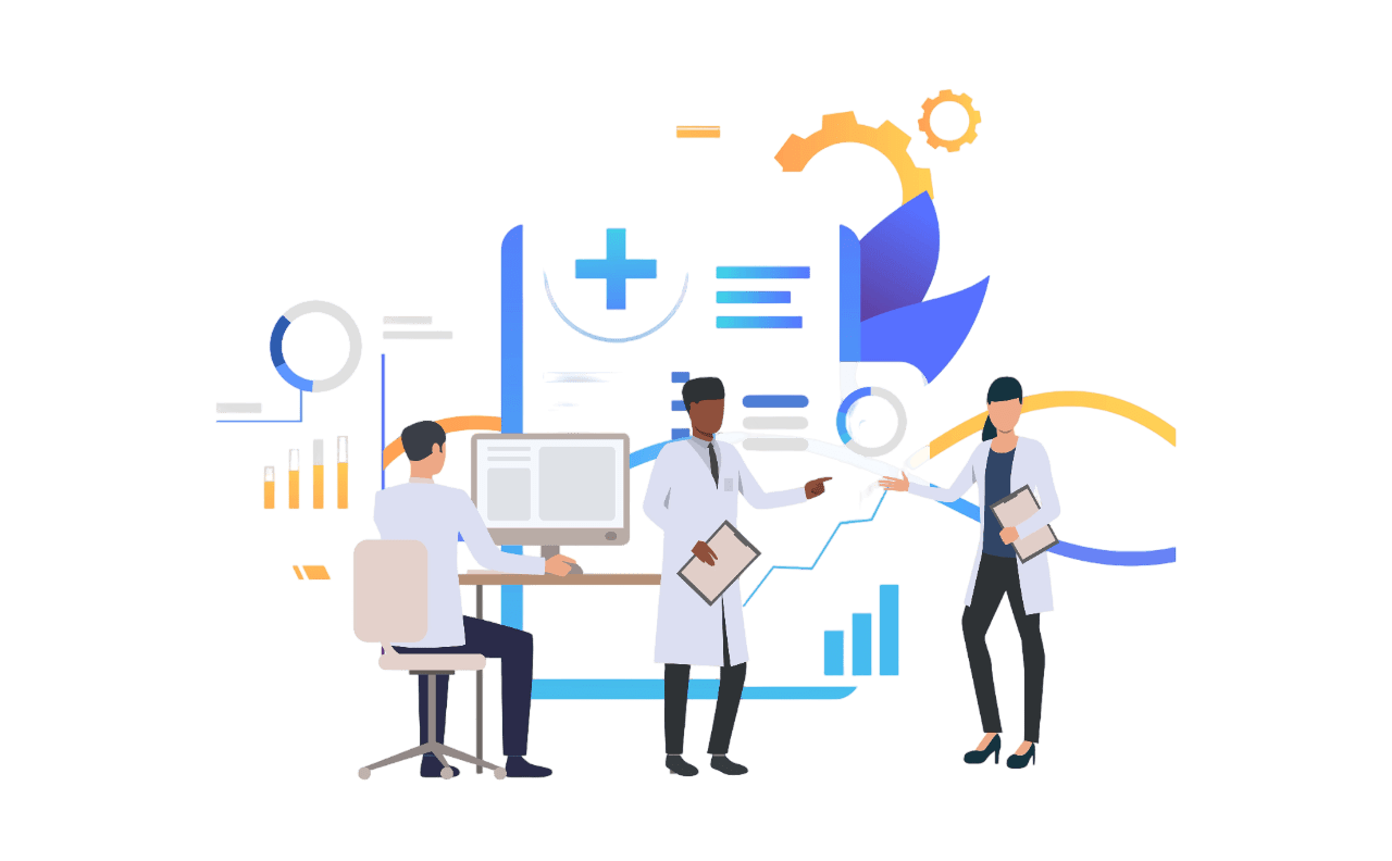 Doctors collaborating with AI-powered healthcare software for patient data analysis and hospital management